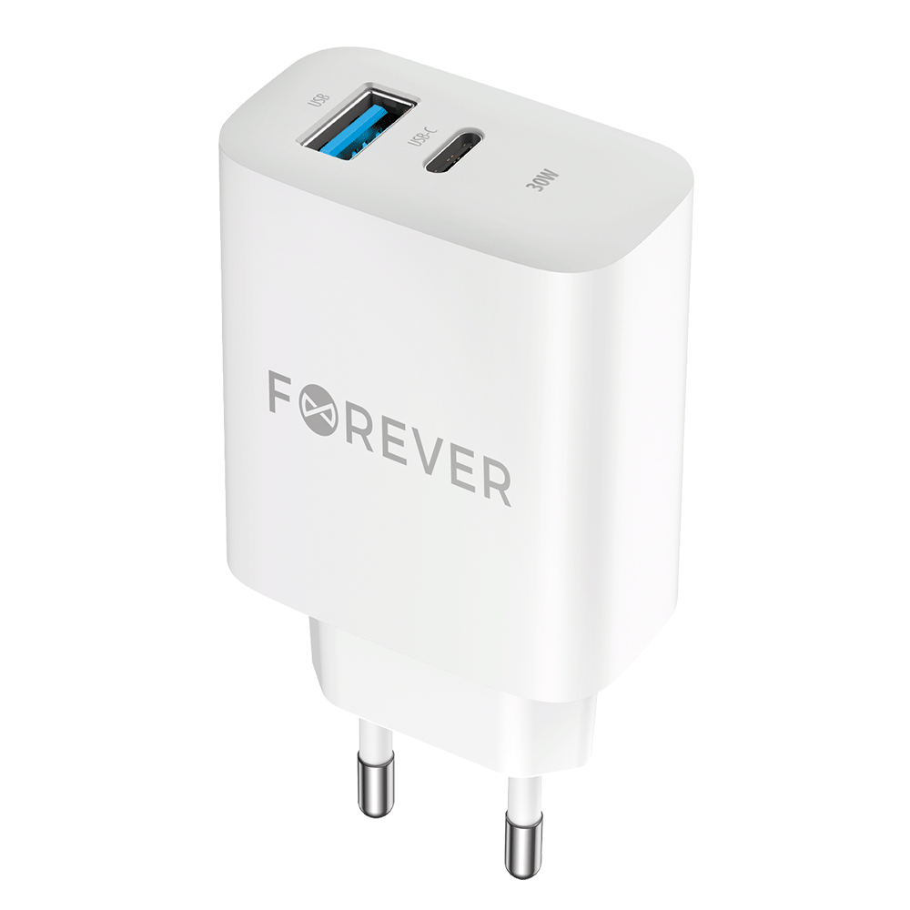 Ładowarka sieciowa Forever TC-07-30AC, 30W, 3A, 1 x USB-A - 1 x USB-C, biała