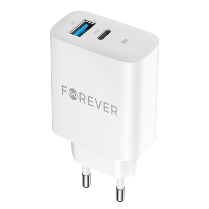 Ładowarka sieciowa Forever TC-07-30AC, 30W, 3A, 1 x USB-A - 1 x USB-C, biała