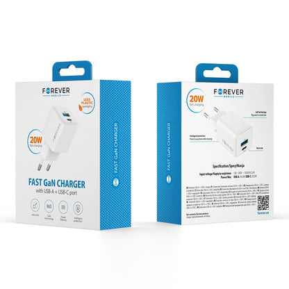 Ładowarka sieciowa Forever TC-08-20AC, 20W, 3A, 1 x USB-A - 1 x USB-C, Biała