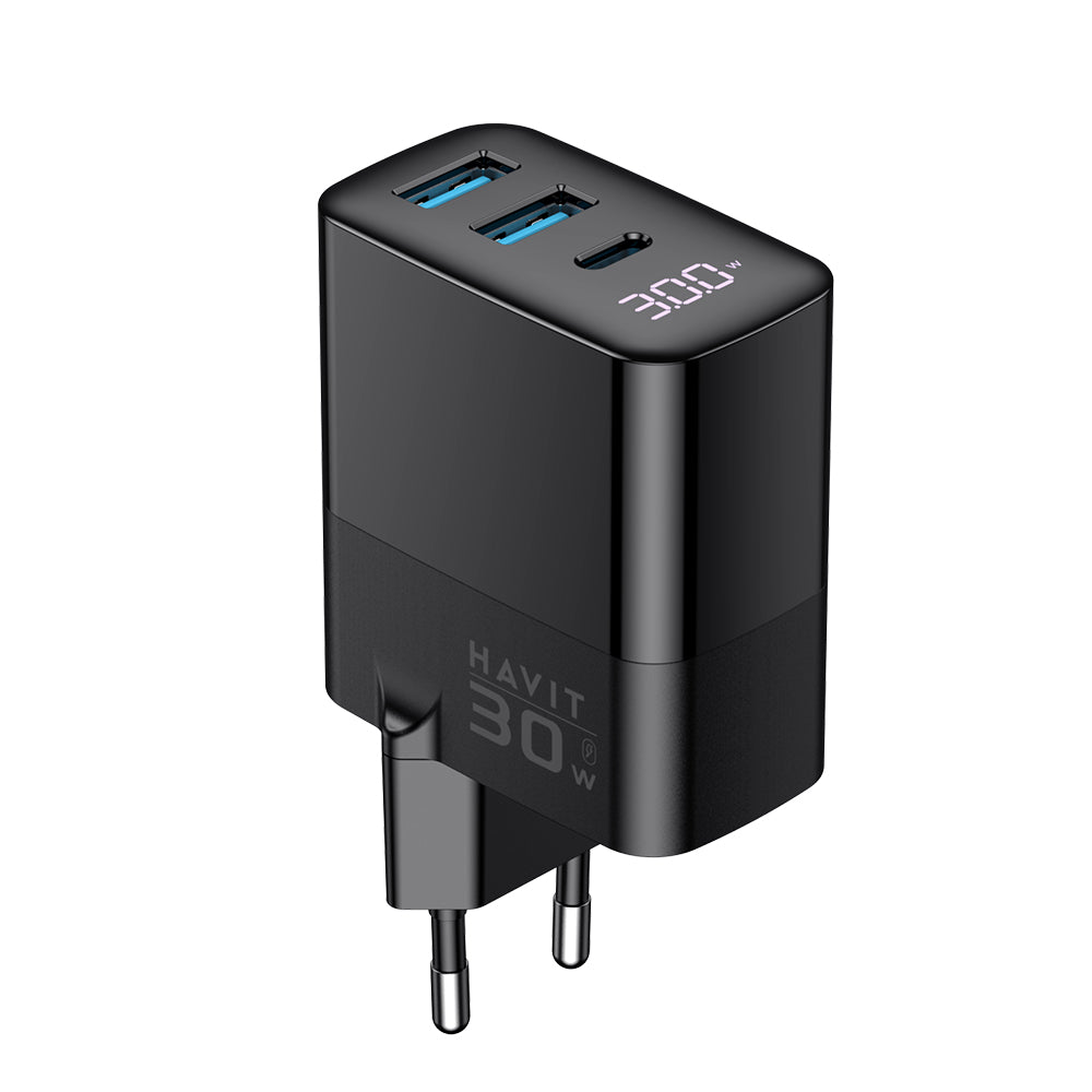 Ładowarka sieciowa HAVIT UCLE001, 30W, 3A, 2 x USB-A - 1 x USB-C, Czarna