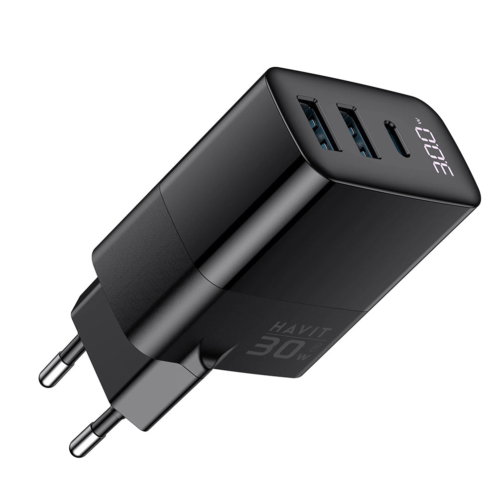 Ładowarka sieciowa HAVIT UCLE001, 30W, 3A, 2 x USB-A - 1 x USB-C, Czarna