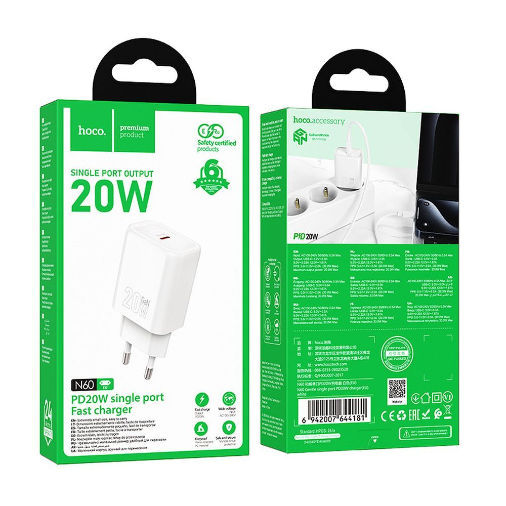 Ładowarka sieciowa HOCO N60, 20W, 3A, 1 x USB-C, Biała