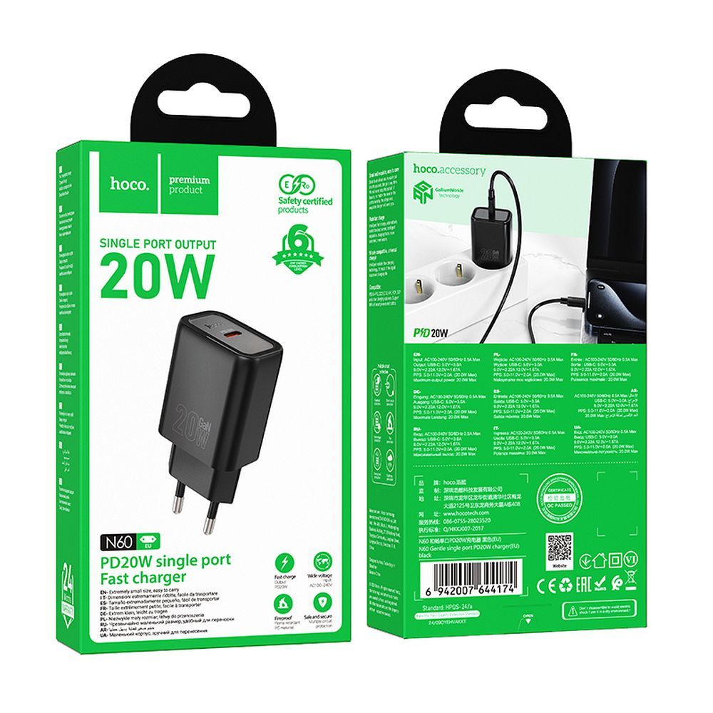 Ładowarka sieciowa HOCO N60, 20W, 3A, 1 x USB-C, Czarny