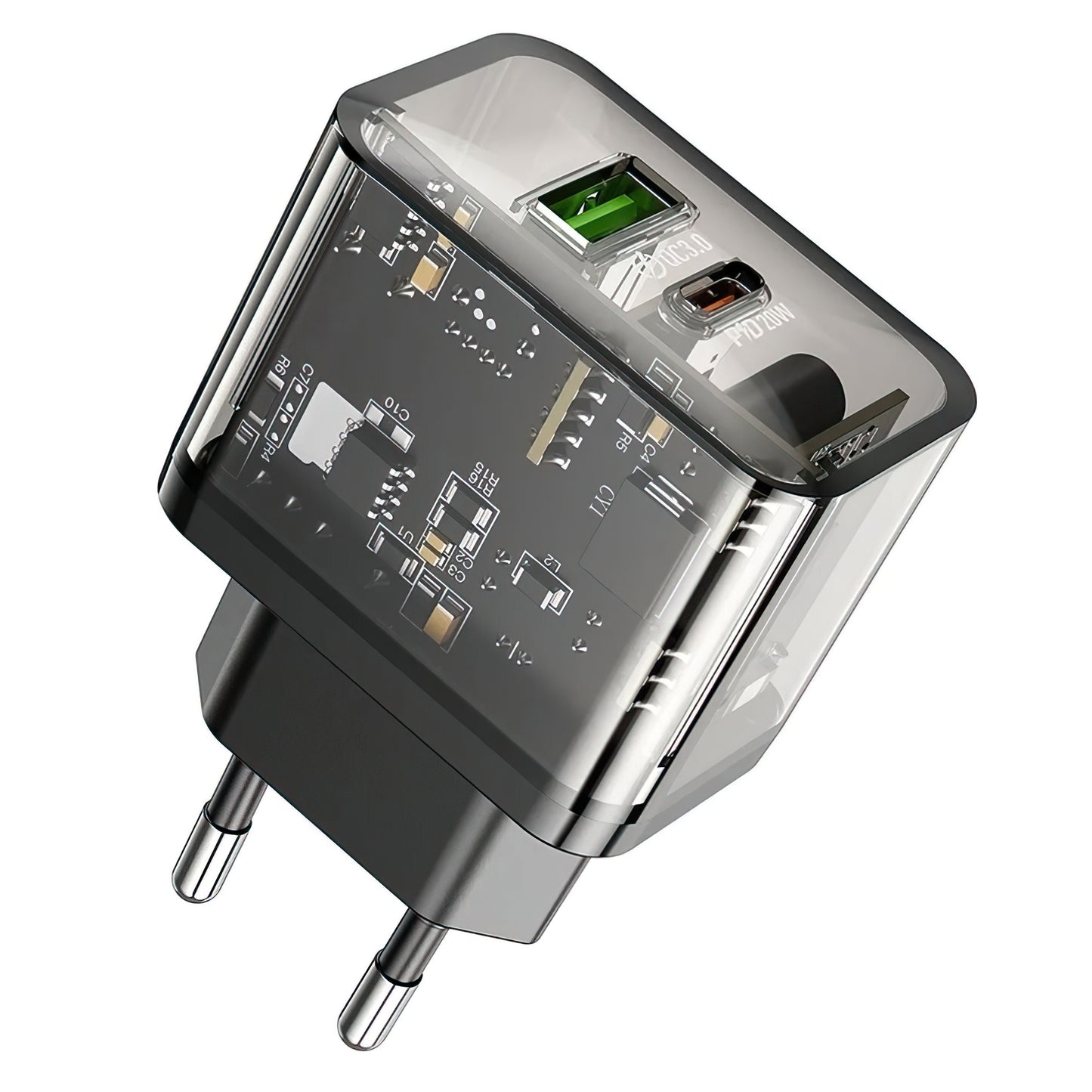Ładowarka sieciowa HOCO N34, 20W, 3A, 1 x USB-A - 1 x USB-C, Przezroczysta