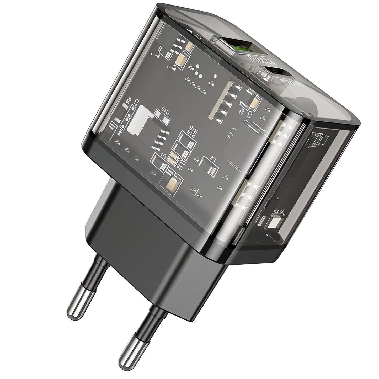 Ładowarka sieciowa HOCO N34, 20W, 3A, 1 x USB-A - 1 x USB-C, Przezroczysta