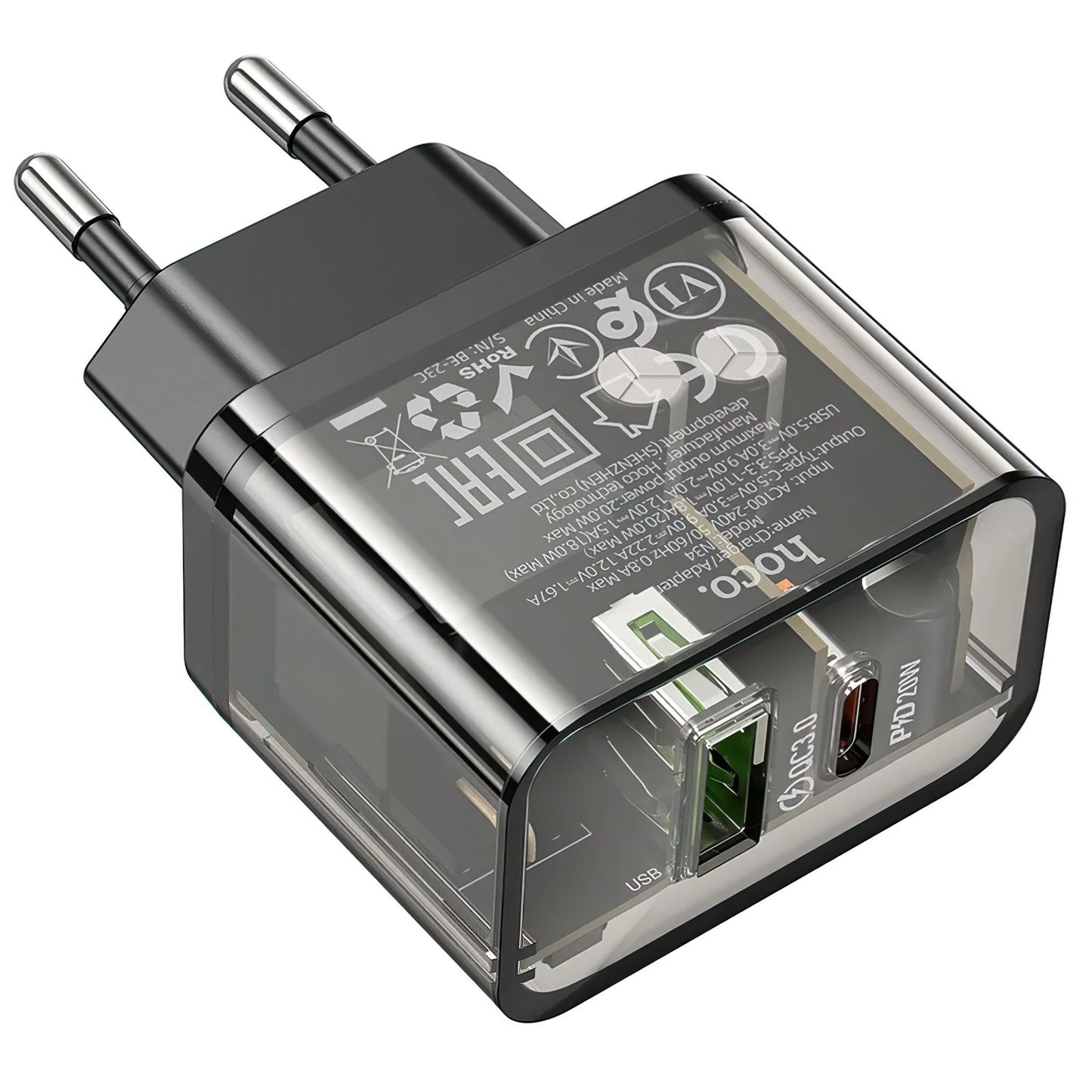 Ładowarka sieciowa HOCO N34, 20W, 3A, 1 x USB-A - 1 x USB-C, Przezroczysta