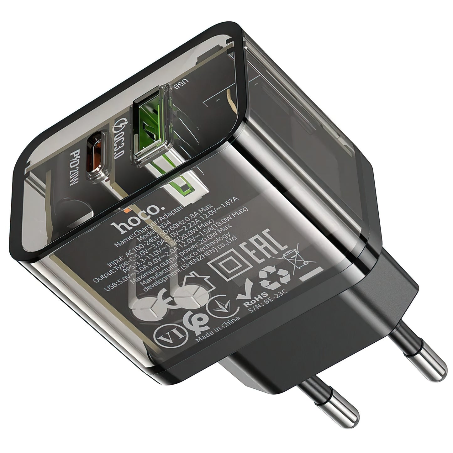 Ładowarka sieciowa HOCO N34, 20W, 3A, 1 x USB-A - 1 x USB-C, Przezroczysta