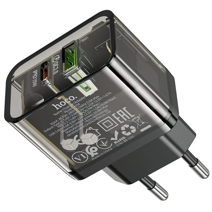 Ładowarka sieciowa HOCO N34, 20W, 3A, 1 x USB-A - 1 x USB-C, Przezroczysta