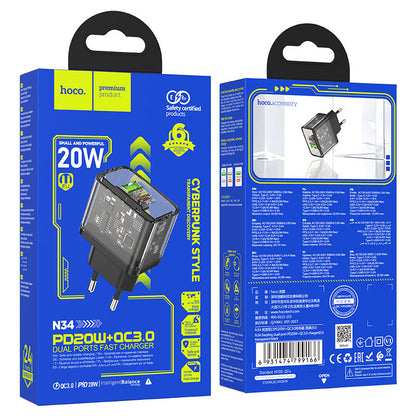 Ładowarka sieciowa HOCO N34, 20W, 3A, 1 x USB-A - 1 x USB-C, Przezroczysta