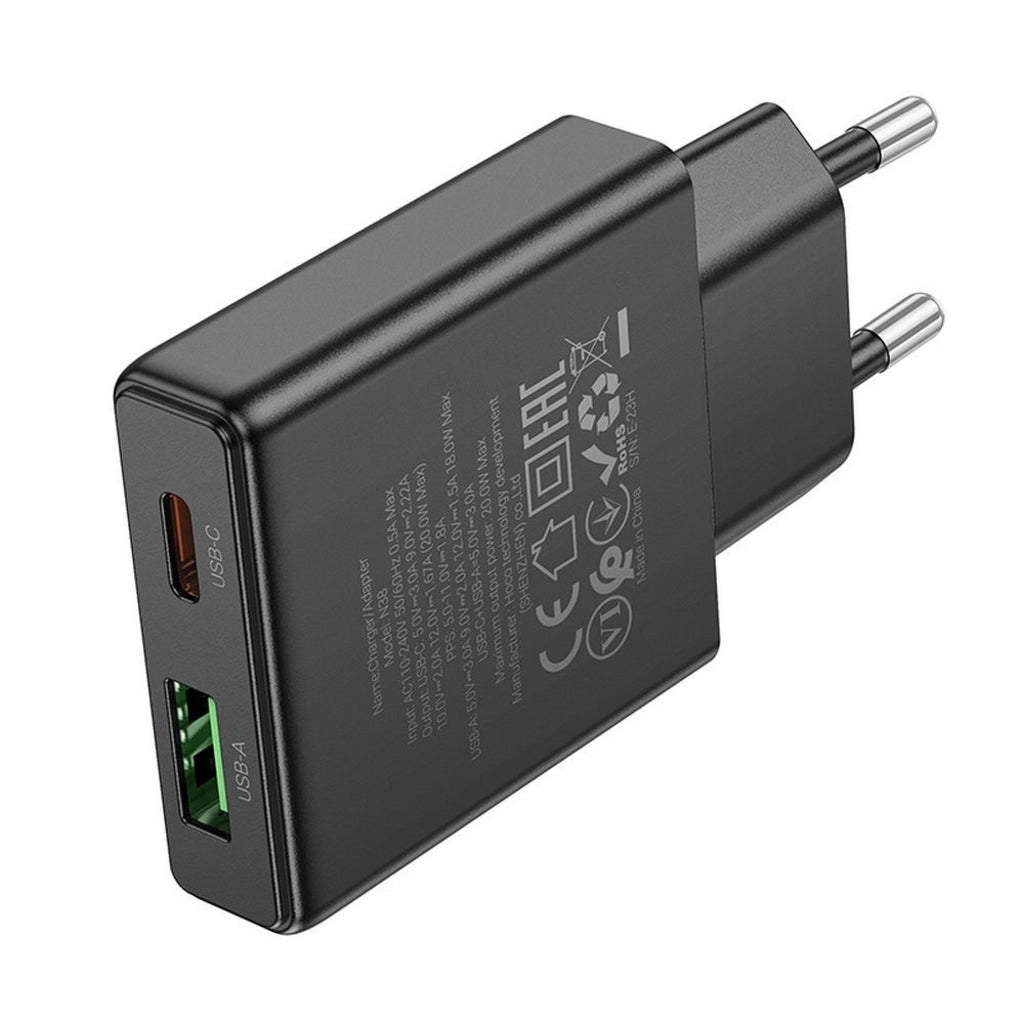 Ładowarka sieciowa HOCO N38, 20W, 3A, 1 x USB-A - 1 x USB-C, Czarny