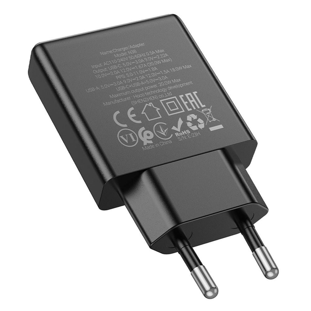 Ładowarka sieciowa HOCO N38, 20W, 3A, 1 x USB-A - 1 x USB-C, Czarny