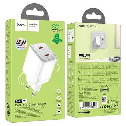 Ładowarka sieciowa HOCO N42, 45W, 3A, 2 x USB-C, biała 