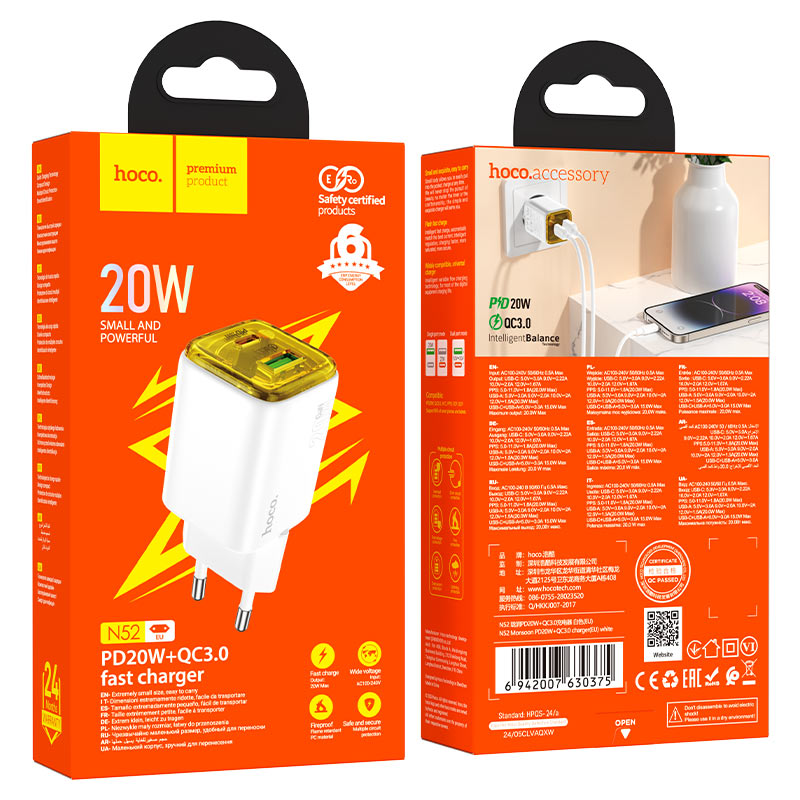 Ładowarka sieciowa HOCO N52, 20W, 3A, 1 x USB-A - 1 x USB-C, Biała