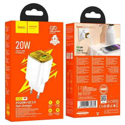 Ładowarka sieciowa HOCO N52, 20W, 3A, 1 x USB-A - 1 x USB-C, Biała