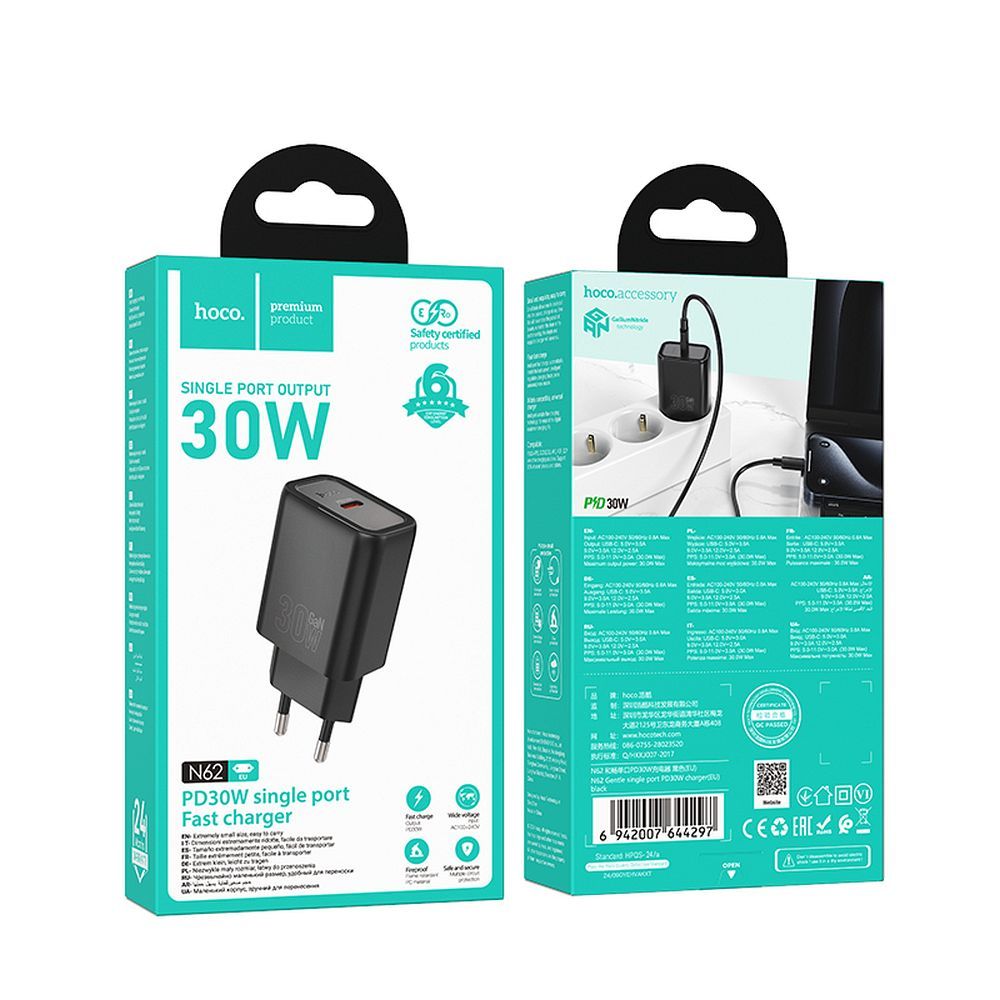 Ładowarka sieciowa HOCO N62, 30W, 3A, 1 x USB-C, Czarny