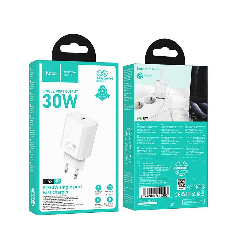 Ładowarka sieciowa HOCO N62, 30W, 3A, 1 x USB-C, Biała