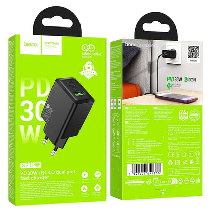 Ładowarka sieciowa HOCO N71, 30W, 3A, 1 x USB-A - 1 x USB-C, Czarny