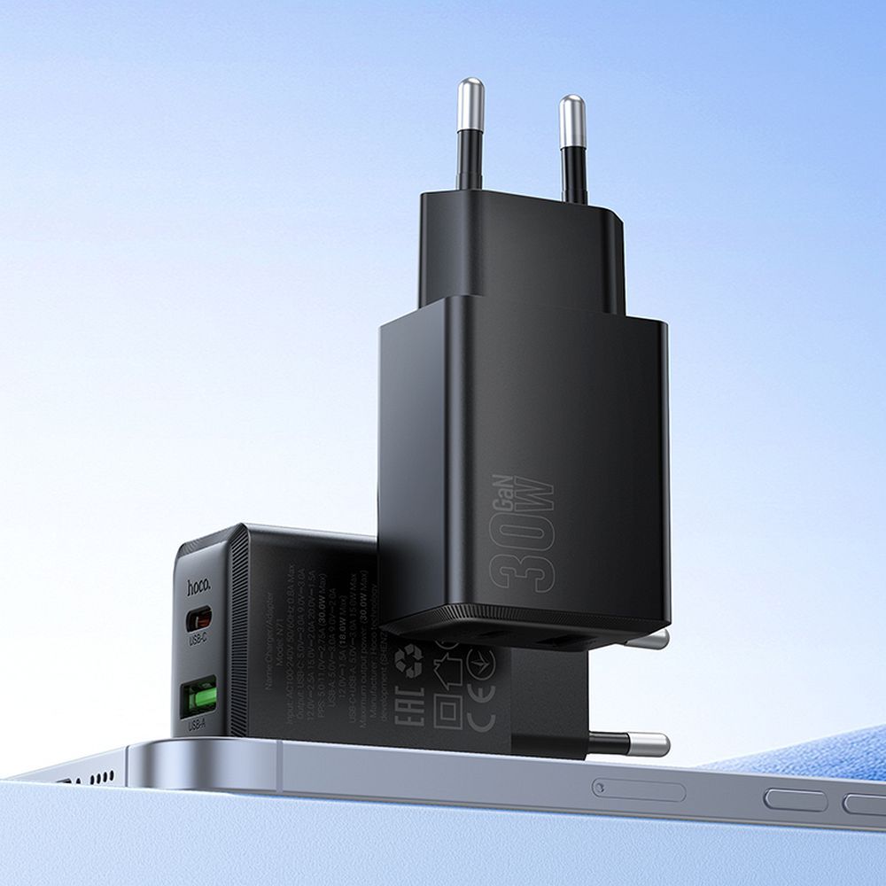 Ładowarka sieciowa HOCO N71, 30W, 3A, 1 x USB-A - 1 x USB-C, Czarny