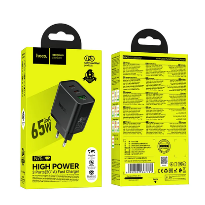 Ładowarka sieciowa HOCO N75, 65W, 3A, 1 x USB-A - 2 x USB-C, Czarny