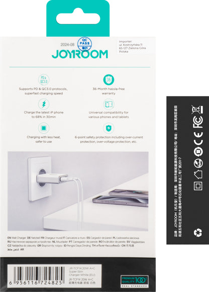 Ładowarka sieciowa Joyroom JR-TCF14, 20W, 3A, 1 x USB-A - 1 x USB-C, biała 