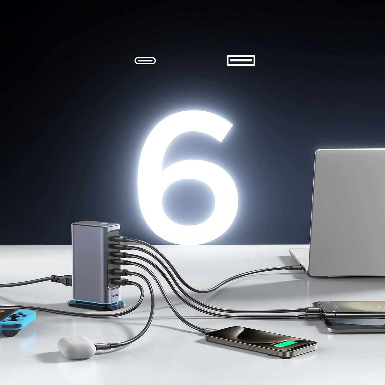 Ładowarka stacja Joyroom JR-TCM02, 65W, 3.25A, 2 x USB-A - 4 x USB-C, Szara