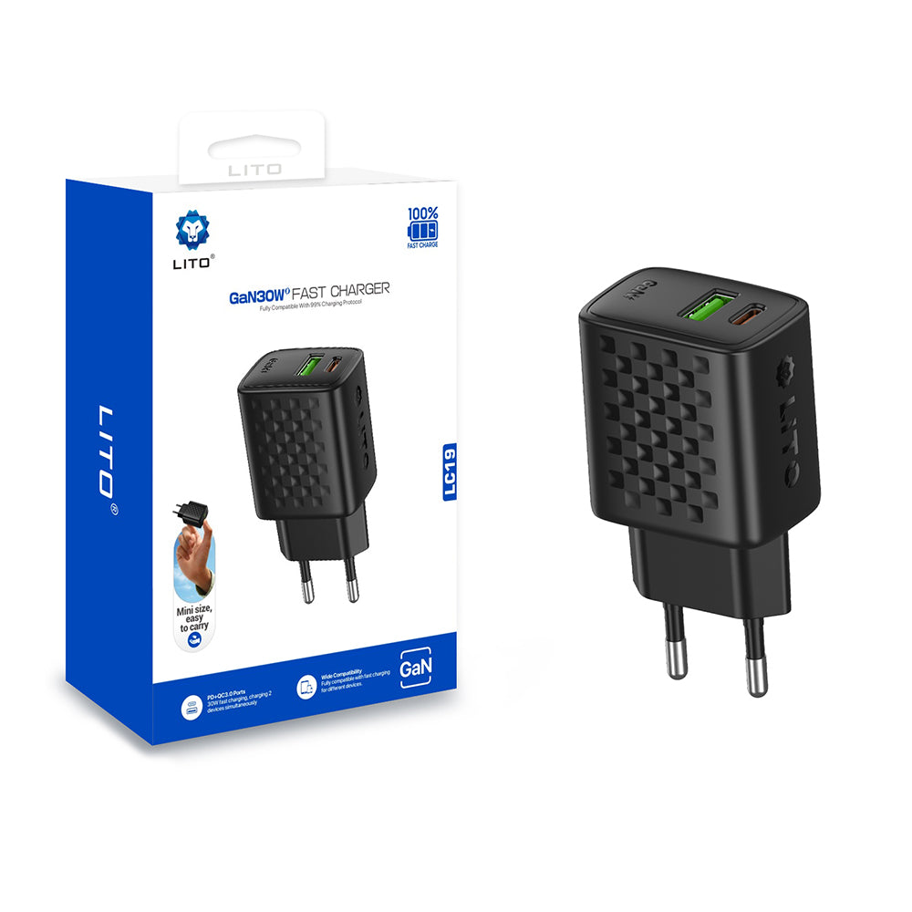 Ładowarka sieciowa Lito LC19, 30W, 3A, 1 x USB-A - 1 x USB-C, Czarny
