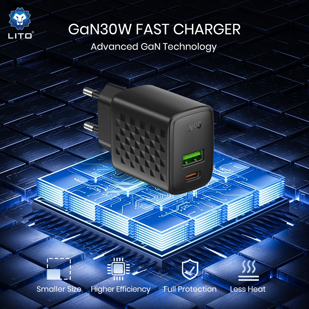 Ładowarka sieciowa Lito LC19, 30W, 3A, 1 x USB-A - 1 x USB-C, Czarny