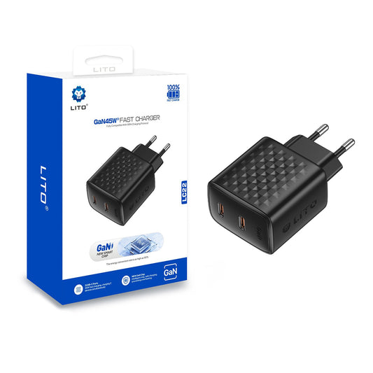 Ładowarka sieciowa Lito LC22, 45W, 3A, 2 x USB-C, Czarny