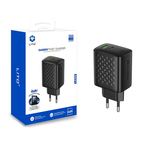 Ładowarka sieciowa Lito LC24, 65W, 3.25A, 1 x USB-A - 1 x USB-C, Czarny