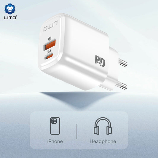 Ładowarka sieciowa Lito LC28, 20W, 3A, 1 x USB-A - 1 x USB-C, Biała