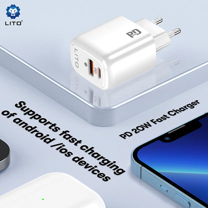 Lito LC28 Network Charger, 20W, 3A, 1 x USB-A - 1 x USB-C, White
