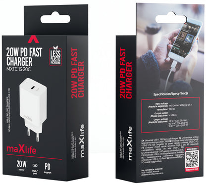 Ładowarka sieciowa MaXlife MXTC-13-20C, 20W, 3A, 1 x USB-C, Biała