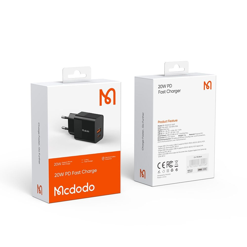 Ładowarka sieciowa McDodo CH-1951 Hydrogen, 20W, 3A, 1 x USB-A - 1 x USB-C, Czarny