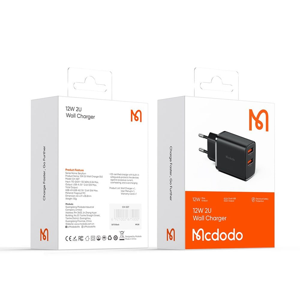 Ładowarka sieciowa McDodo CH-5070 Beryllium, 12W, 2.4A, 2 x USB-A, Czarny