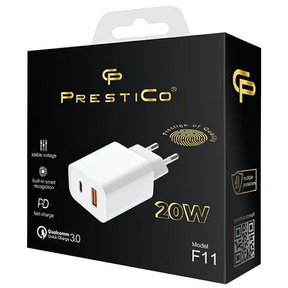 Ładowarka sieciowa Prestico F11, 20W, 3A, 1 x USB-A - 1 x USB-C, biała 