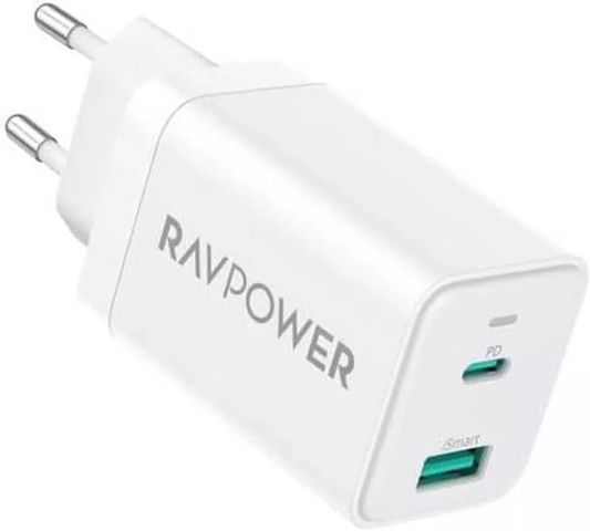 Ładowarka sieciowa RavPower RP-PC171, 45W, 3A, 1 x USB-A - 1 x USB-C, Biała