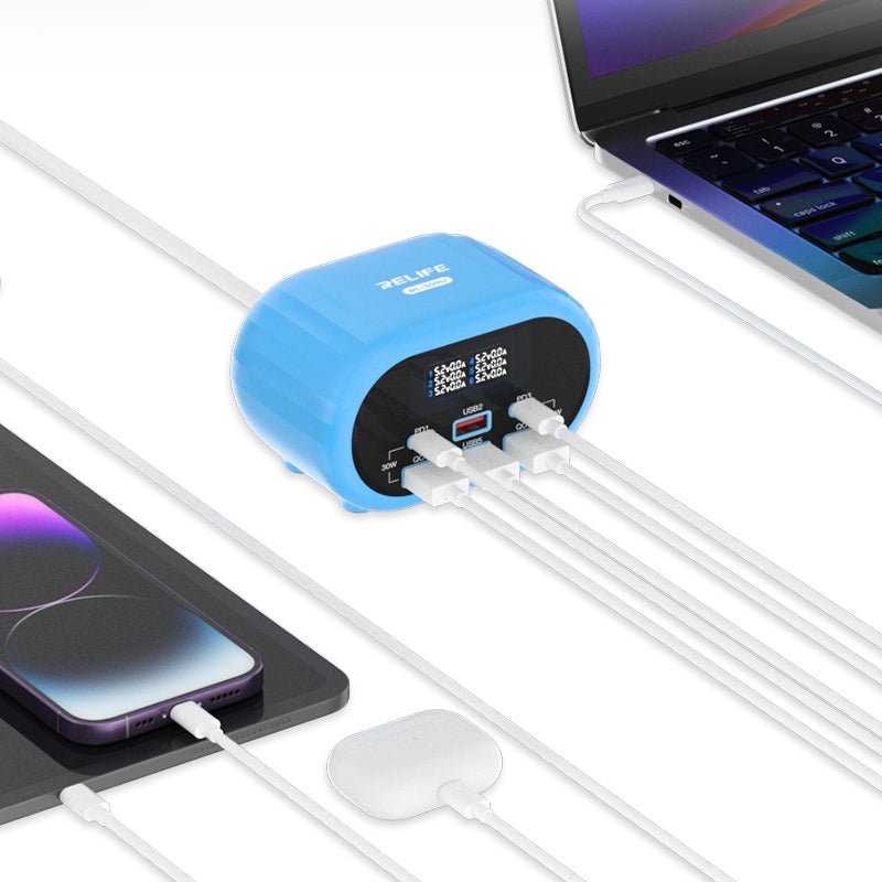 Ładowarka stacji Relife RL-309U, 72W, 5A, 2 x USB-C - 4 x USB-A, Niebieska