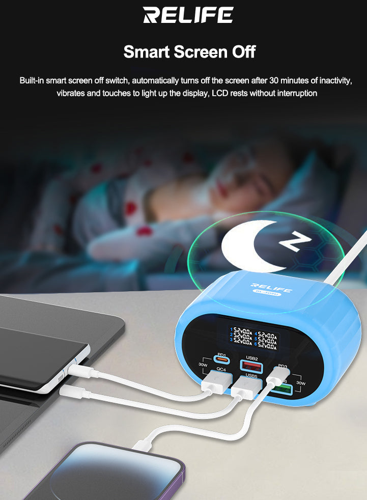 Ładowarka stacji Relife RL-309U, 72W, 5A, 2 x USB-C - 4 x USB-A, Niebieska