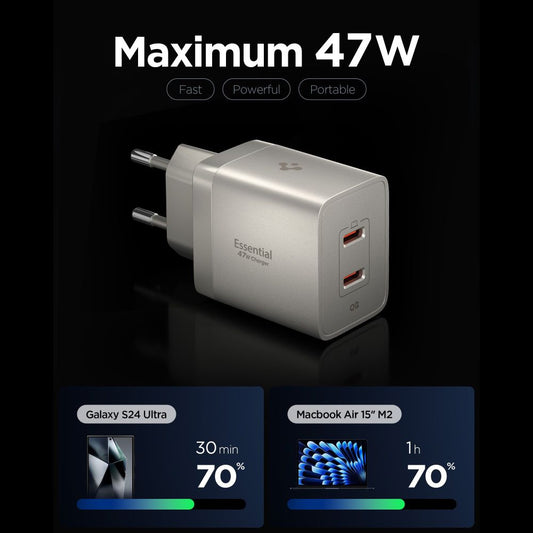 Ładowarka sieciowa Spigen EE472EU Essential, 47W, 3A, 2 x USB-C, Szary tytan ACH10451