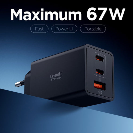 Ładowarka sieciowa Spigen Essential, 67W, 3.25A, 1 x USB-A - 2 x USB-C, Czarny