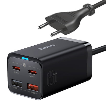 Ładowarka sieciowa Baseus GaN3 Pro USB-C z kablem, 65 W, 3 A, 2 x USB-A - 2 x USB-C, czarna CCGP04010101