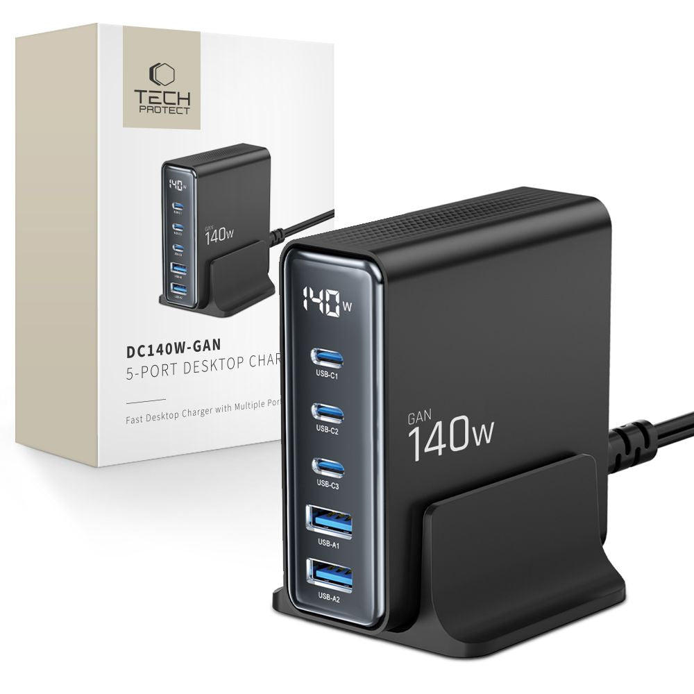 Ładowarka sieciowa Tech-Protect DC140W, 140W, 3A, 2 x USB-A - 3 x USB-C, czarna 