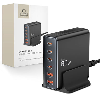 Ładowarka sieciowa Tech-Protect DC80W, 80W, 3A, 2 x USB-A - 4 x USB-C, czarna 