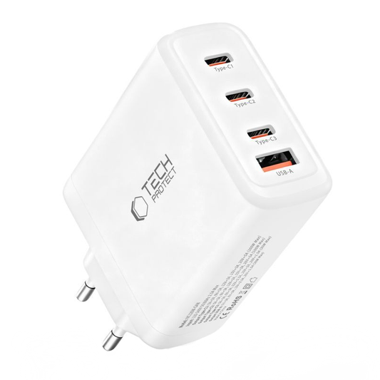 Tech-Protect NC120W-GAN Network Charger, 120W, 5A, 1 x USB-A - 3 x USB-C, White