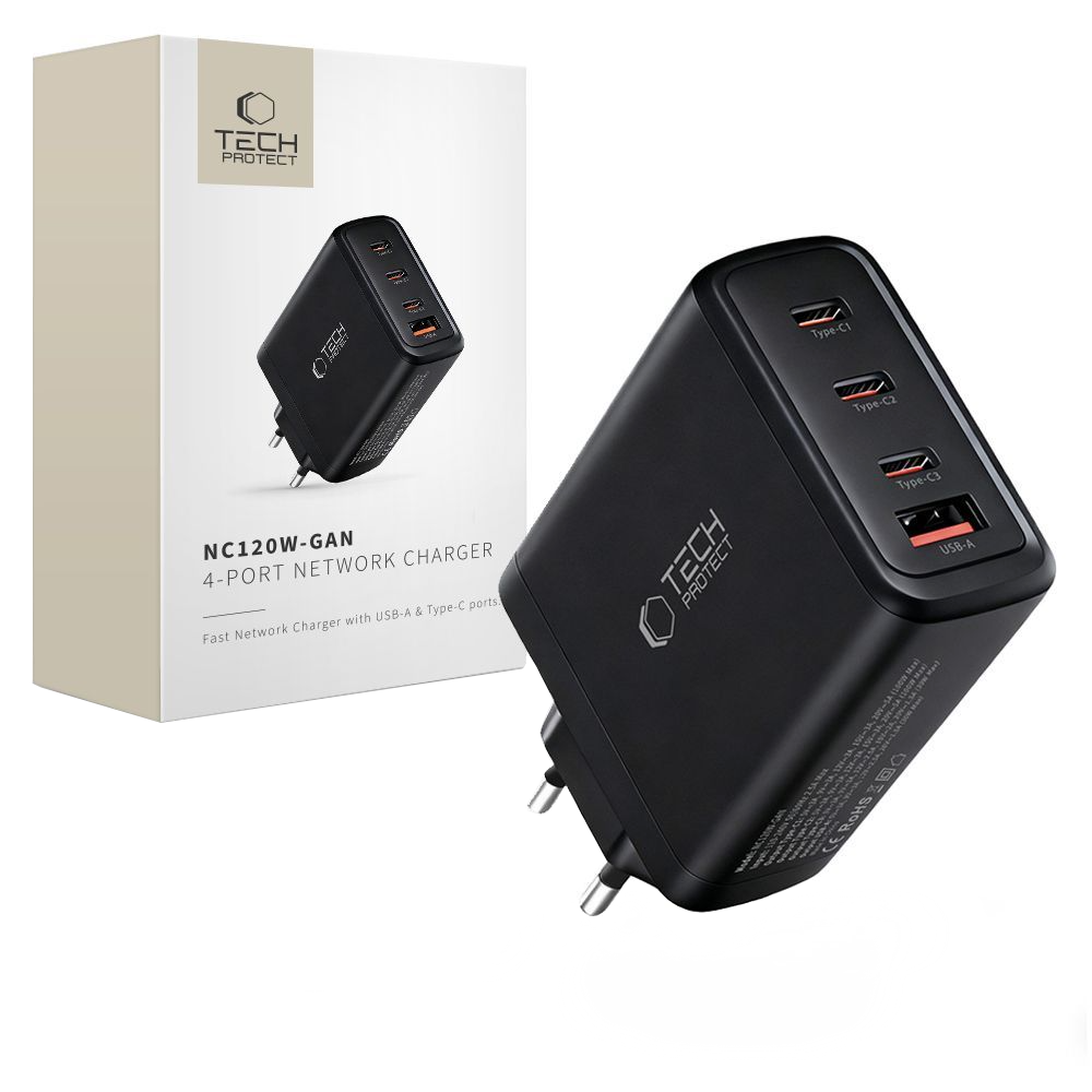 Ładowarka sieciowa Tech-Protect NC120W-GAN, 120W, 5A, 1 x USB-A - 3 x USB-C, Czarny