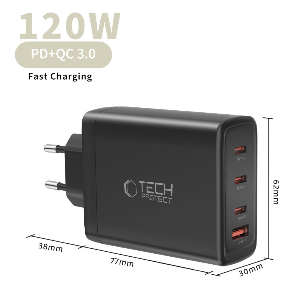 Ładowarka sieciowa Tech-Protect NC120W-GAN, 120W, 5A, 1 x USB-A - 3 x USB-C, Czarny