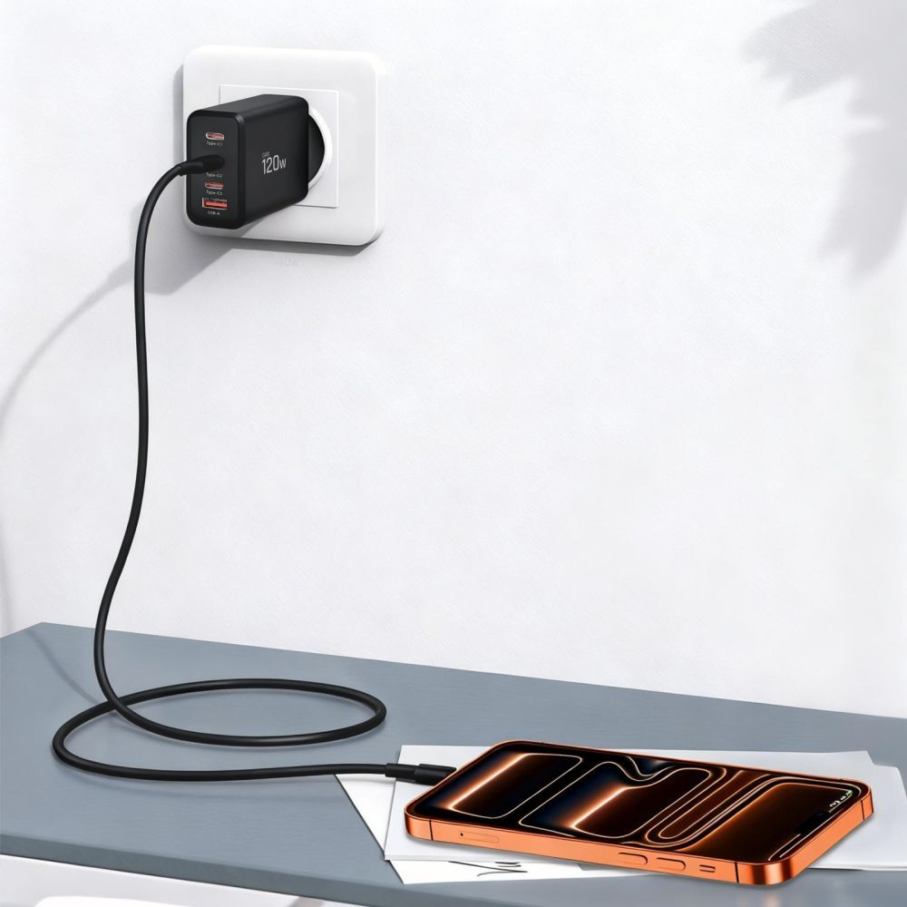 Ładowarka sieciowa Tech-Protect NC120W-GAN, 120W, 5A, 1 x USB-A - 3 x USB-C, Czarny