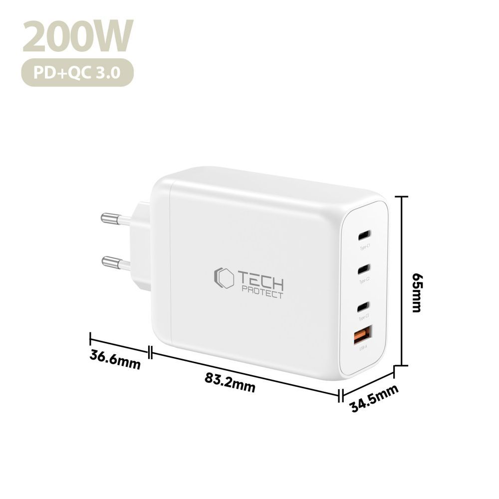 Tech-Protect NC200W-GAN Network Charger, 200W, 5A, 1 x USB-A - 3 x USB-C, White