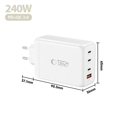 Ładowarka sieciowa Tech-Protect NC240W-GAN, 240W, 5A, 1 x USB-A - 3 x USB-C, Biała