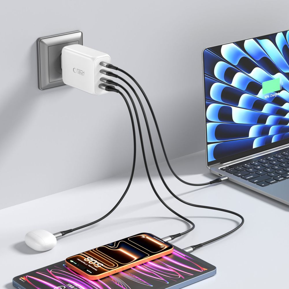 Ładowarka sieciowa Tech-Protect NC240W-GAN, 240W, 5A, 1 x USB-A - 3 x USB-C, Biała